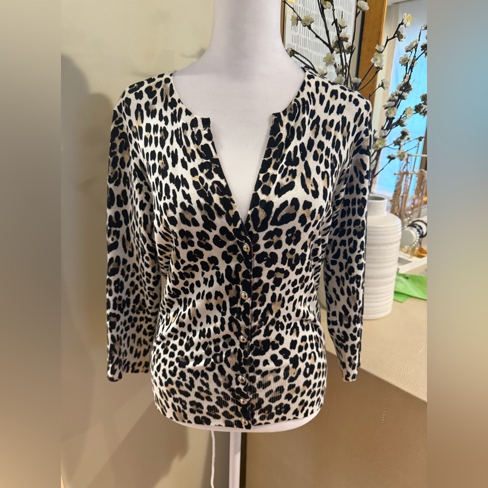 White House Black Market Black and Cream Leopard Cardigan
